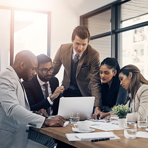 5 people meeting around a laptop at a conference table